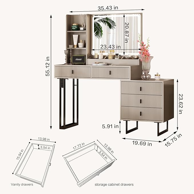 Ieejdn Large Vanity Desk with 3 Color Touch Screen Dimming Mirror, Vanity Desk with Charging Station, Modern Retractable Makeup Dressing Table, Makeup Table with Storage Shelves and 5 Sliding Drawers