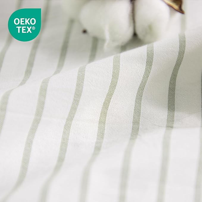 NEXHOME PRO Striped Duvet Cover Oversized King,100% Washed Cotton Bedding Set,Textured Linen Feel,Breathable,Organic,3 Piece(Green Stripes 120x98)