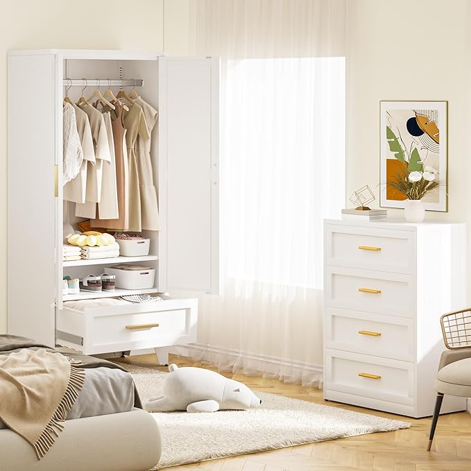 Baborokic Metal Wardrobe Cabinet,71 Armoire Wardrobe Closet with Drawers and Hanging Rod,Metal Armoire with Adjustable Shelves for Closet,Bedroom,Farmhouse Storage Cabinet with Drawer(White)