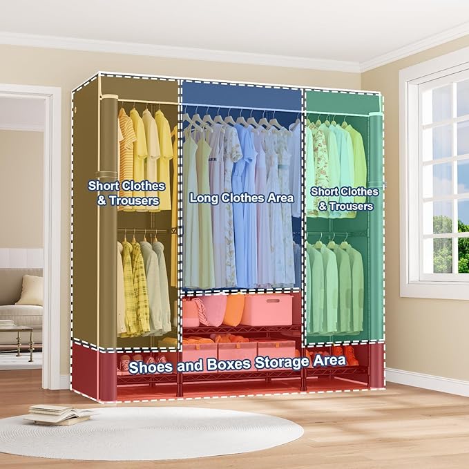 ULIFHOME E3C Black Clothes Rack with Gray Cover, Heavy Duty Freestanding Garment Rack, Metal Closet System Storage Organizer for Clothing, Holds up to 850 lbs, 59.5" W x 16.5" D x 77.4" H