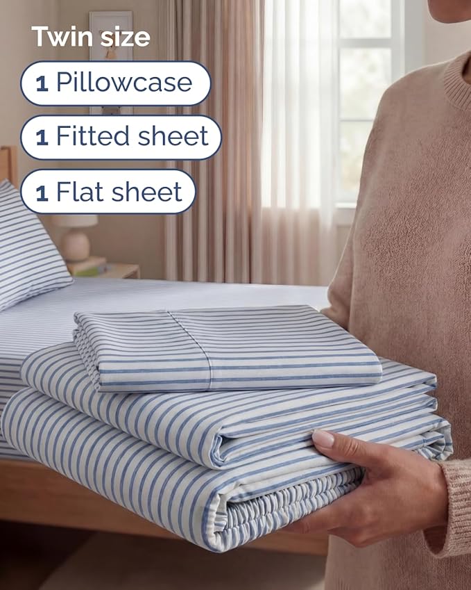 Twin Size 3 Piece Sheet Set - Comfy Breathable & Cooling Sheets - Hotel Luxury Bed Sheets for Women & Men - Deep Pockets, Easy-Fit, Soft and Wrinkle Free Sheets - Blue Stripes Oeko-Tex Bed Sheet Set