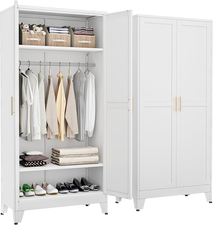Metal Armoire Wardrobe Closet with Hanging Rod, Clothing Storage Cabinet with Adjustable Shelves for Laundry Room, Bedroom, Home Office, Bathroom, 71" White