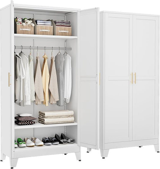 Metal Armoire Wardrobe Closet with Hanging Rod, Clothing Storage Cabinet with Adjustable Shelves for Laundry Room, Bedroom, Home Office, Bathroom, 71" White
