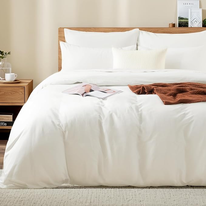 NEXHOME PRO King Duvet Cover Set – 100% Certified Organic Cotton with Washed Feel & Linen-Like Texture, Comfortable & Breathable, Home Bedding Set Bright White (No Comforter) 10490
