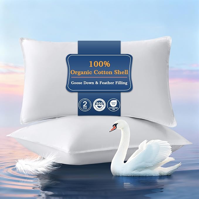 Goose Feather Pillows King Size Set of 2, Hotel Quality Bed Pillows for Sleeping 2 Pack, 900 Fill Power Goose Down Pillows with 700 TC 100% Organic Cotton Shell for Side Back Stomach Sleepers, 18"x36"
