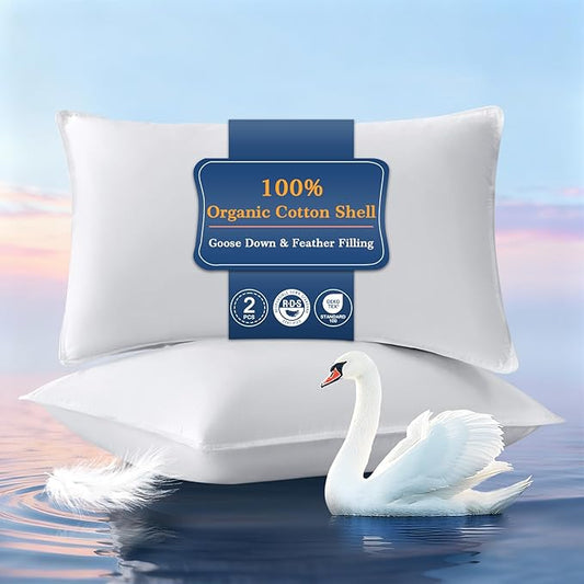 Goose Feather Pillows King Size Set of 2, Hotel Quality Bed Pillows for Sleeping 2 Pack, 900 Fill Power Goose Down Pillows with 700 TC 100% Organic Cotton Shell for Side Back Stomach Sleepers, 18"x36"