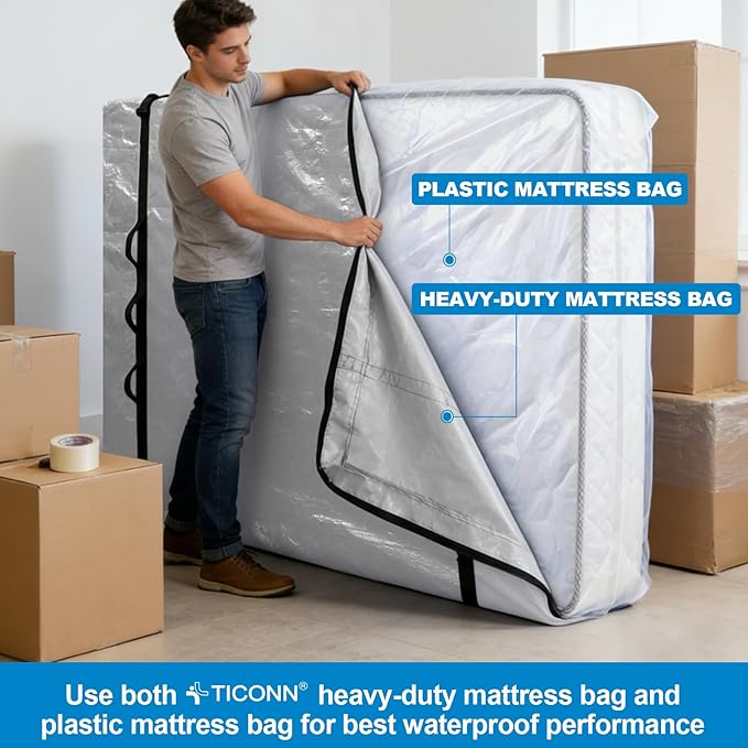 TICONN Mattress Bags for Moving, Heavy Duty Twin XL Mattress Cover Storage Bag with Full-Around Handle and Adjustable Buckles (Gray, Twin XL)