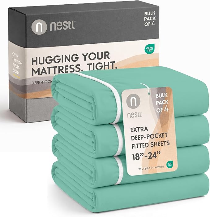 Nestl 4 Pack Mint Fitted Sheet Extra Deep Pocket, Hotel Luxury FullFitted Sheet Only Easily Fits 18 to 24 Inch Mattress, Super Soft, Wrinkle-Free and Breathable with Corner Straps