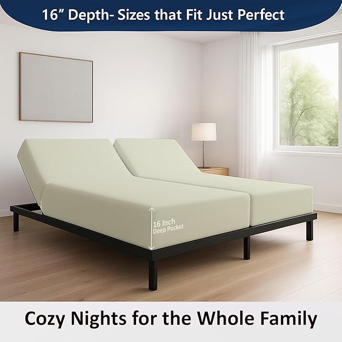 Split Cal King Sheets- California Sheets Sets for Adjustable Bed- 16 Inch Deep Pocket- Sleep Number 7 Pcs Set- Easy Fit- Wrinkle Free- Hotel Luxury Bed (Ivory Solid)