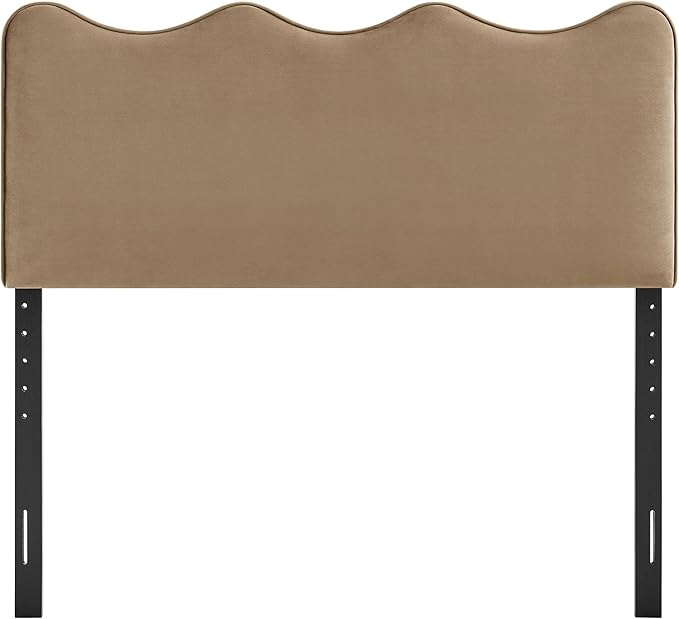 Monday Athena Full Size Performance Velvet Adjustable Headboard in Taupe - with Scalloped Wave Design and Stain-Resistant Velvet Upholstery