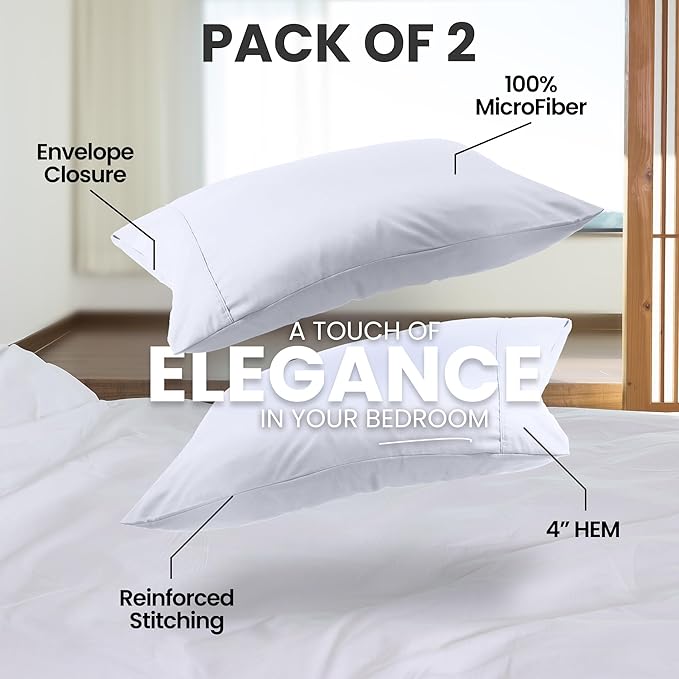 Utopia Bedding Standard Pillow Cases - 2 Pack - Envelope Closure - Soft Brushed Microfiber Fabric - Shrinkage and Fade Resistant Pillow Covers Standard Size 20 X 26 Inches (Standard, White)