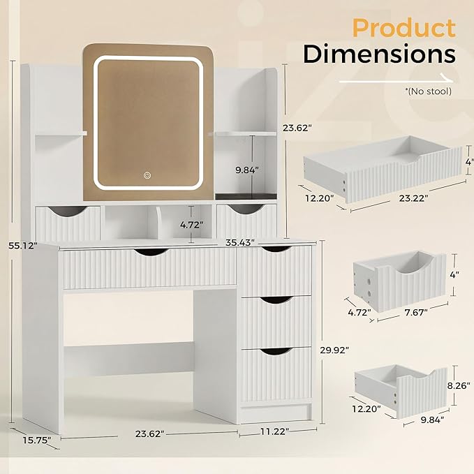 Vanity Desk with Mirror and Lights, Makeup Vanity Table with Large 6 Drawers Modern Fluted Wooden Dressing Table with Jewelry Hook 3 Color Modes Adjustable LED Mirror for Women Girls Bedroom or Dorm