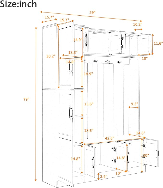 Merax Farmhouse Wood Hall Tree with Shoe Bench & 6 Cabinets, 4-in-1 Coat Rack with 4 Hooks & Adjustable Shelves, Entryway Storage Organizer Cabinet for Entrance, Hallway, Mudroom White