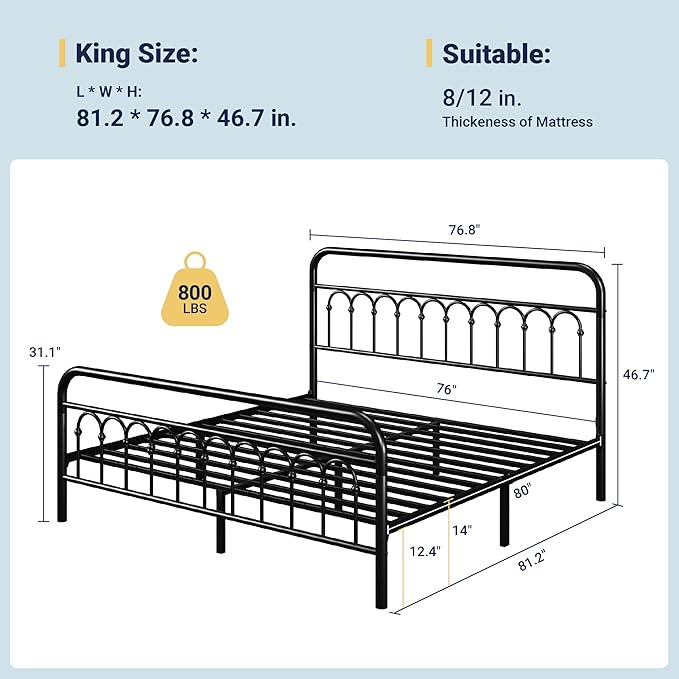 Allewie 14 Inches King Size Metal Platform Bed Frame with Victorian Style Curved Iron-Art Headboard/Footboard, Metal Slats Support, Easy Assembly, Under Bed Storage, No Box Spring Required, Black
