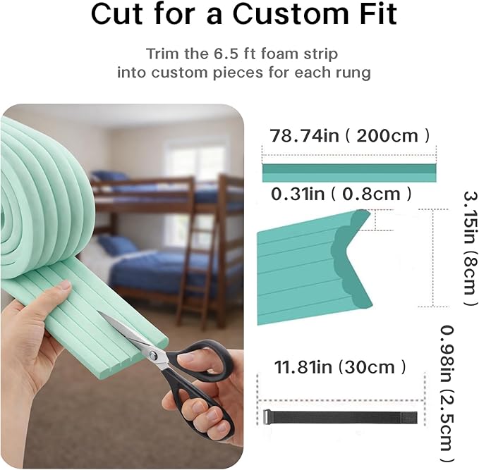 Bunk Bed Ladder Pads 6.5 Ft with 10 Adjustable Straps, Soft Foam Ladder Cover for Loft Bed, Cushioned Step Pads for Comfortable Climbing, Secure Fit, Green