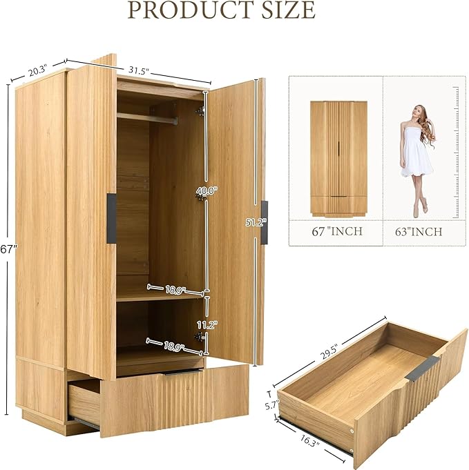 Brafab 67" Fluted Armoire Wardrobe Closet with Drawers and Doors, Wooden Wardrobe Cabinet with Adjustable Shelves, Modern Storage for Clothes, Dream Wardrobe Wall for Bedroom, Natural (3 pcs)