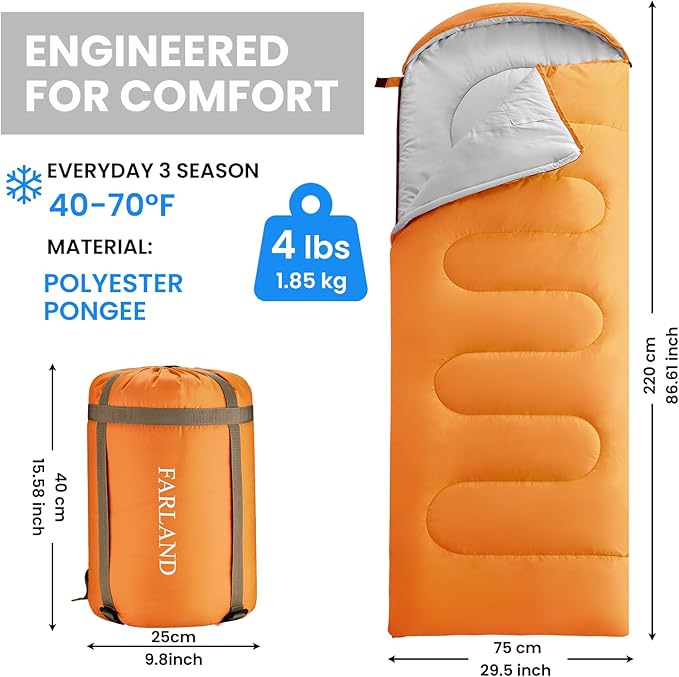 FARLAND Sleeping Bags for Adults, 3 Season Warm & Cool Weather, Lightweight Camping Sleeping Bag for Kids Family Camping Essentials with Compression Sack for Hiking