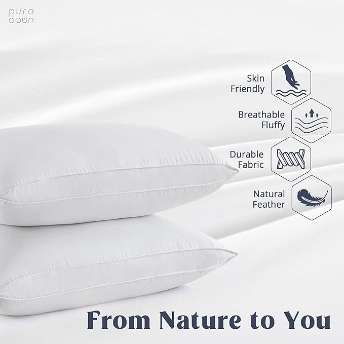 puredown® Goose Feather Down Pillows, Standard Size Soft Bed Pillows for Sleeping with 100% Cotton Shell Set of 2