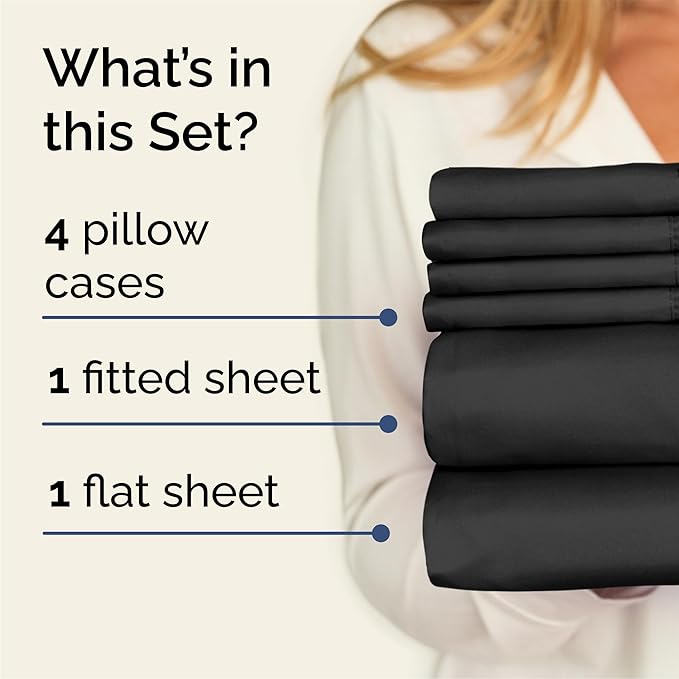 Queen 6 Piece Sheet Set - Comfy, Breathable & Cooling - Hotel Luxury Bedding for Women, Men, Kids, Teens and Children - 1 Flat & 1 Fitted Sheet & 4 Pillowcases w/ Deep Pockets - Wrinkle Free - Black