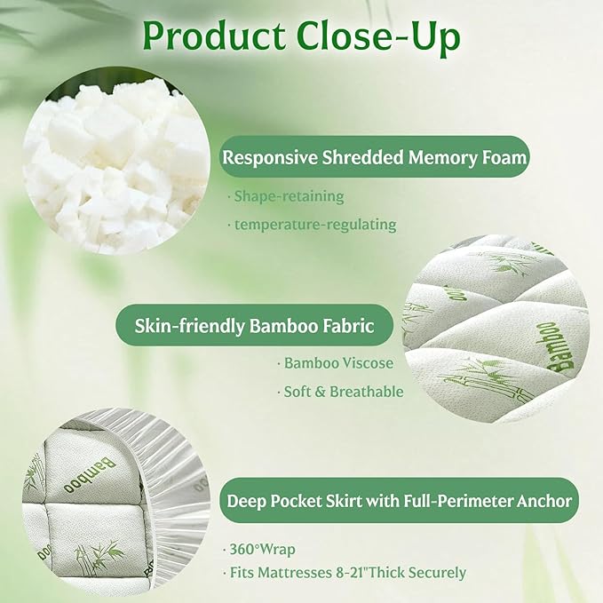 Bamboo Mattress Topper King Size with Deep Pocket 1700 GSM Fill Cooling Shredded Memory Foam Mattress Pad Rayon Derived from Bamboo, Ideal for Side Sleepers, Back Pain, Hot Sleepers