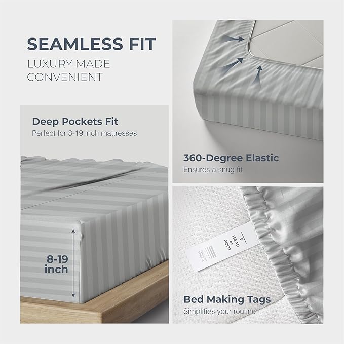 THREAD SPREAD 100% Egyptian Cotton Damask King Size Sheets Set - Luxury 1500 Series Egyptian Cotton Sheets King Size (4 PC, Silver Stripe), Silky Soft, Sateen & Cooling, 17" Deep Pocket Bed Set