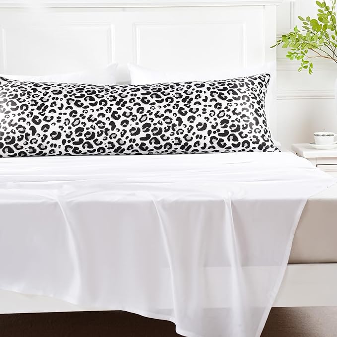 MR&HM Satin Body Pillow Cover, Soft and Breathable Body Pillow Case with Envelope Closure, Cooling and Silky Long Pillowcase for Hair and Skin,Grey (20x54, White Leopard)