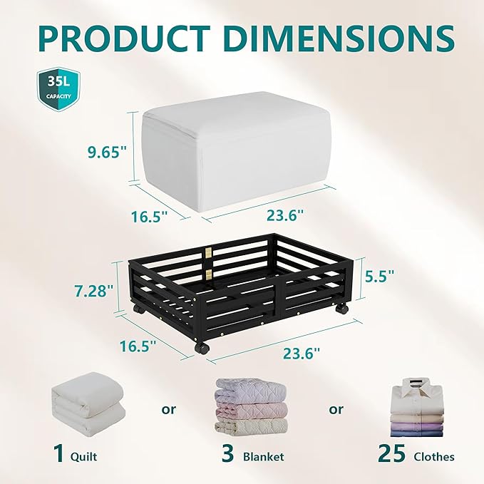 Wisuce Bamboo Under Bed Storage Containers- Underbed Organizer with Wheels with Dust Bag,Sturdy Wood Rolling Under the Bed Shoe Storage Organizer Drawers (Black, 2 Pack (23.62"×16.54"))