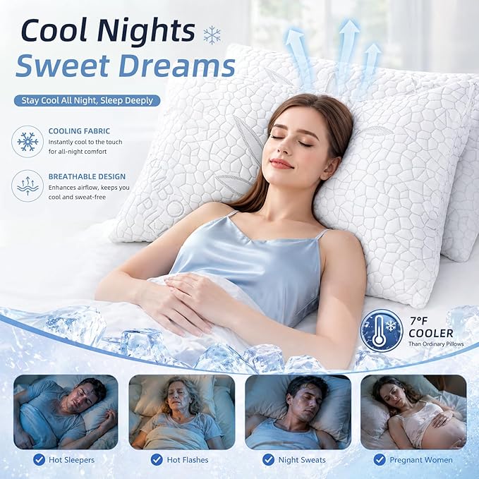 Yettbea Adjustable Shredded Memory Foam Pillows Standard Size Set of 2, Luxury Bamboo Cooling Pillow w/Washable Zippered Cover, Soft or Firm Support Bed Pillow for Side, Back, Stomach Sleeper