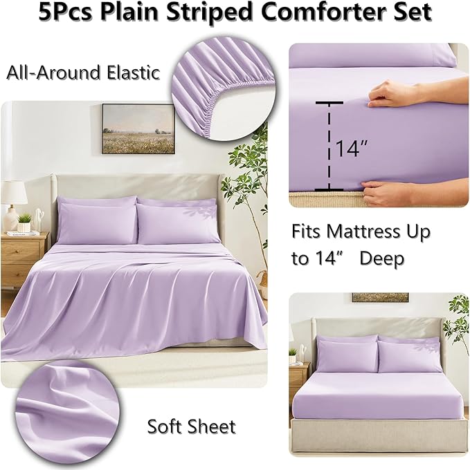 CozyLux Twin XL Comforter Set Lavender, 5 Pieces Twin Extra Long Bed in a Bag for College Dorm, All Season Bedding Set with Stitch Quilted Comforter, Flat Sheet, Fitted Sheet, Pillowcases