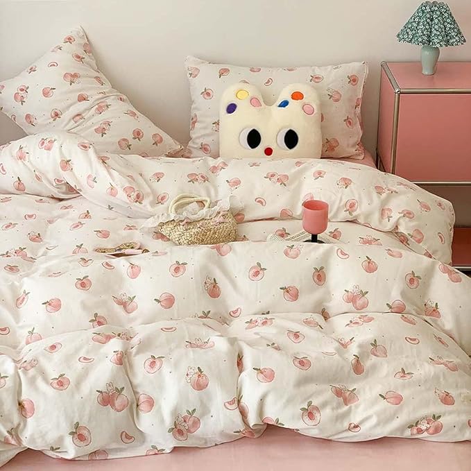 Nayoroom Pink Peach Duvet Cover Full Size Kawaii Fruit Peaches Rabbit Printed on White Comforter Cover 3Pcs Kids Girls Soft Breathable Microfiber Cute Cartoon Bedding Set with Zipper Closure