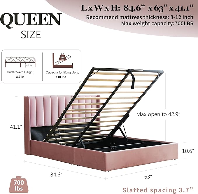 YUHUASHI Queen Size Hydraulic Storage Bed, Upholstered Platform Bed Frame, Modern Wingback Design Headboard, Velvet Fabric with Hydraulic Support Bars, No Box Spring Required (Pink, Queen)
