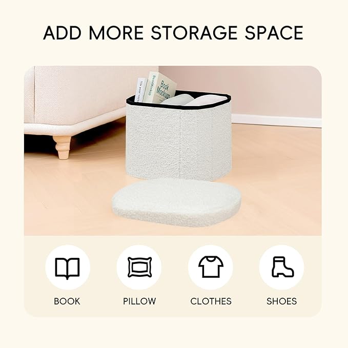 PINPLUS Storage Ottoman Boulce Tufted Oval Small Ottomans Bench Foot Rest with Storage, 16.1"x12.2"x12.2" (White)