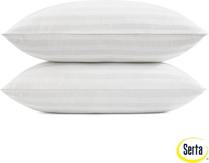 Serta Won't Go Flat Standard/Queen Size Set of 2 Down Alternative Bed Pillows, Extra Life Foam Core with Medium Support, Perfect for Back, Stomach or Side Sleepers, White