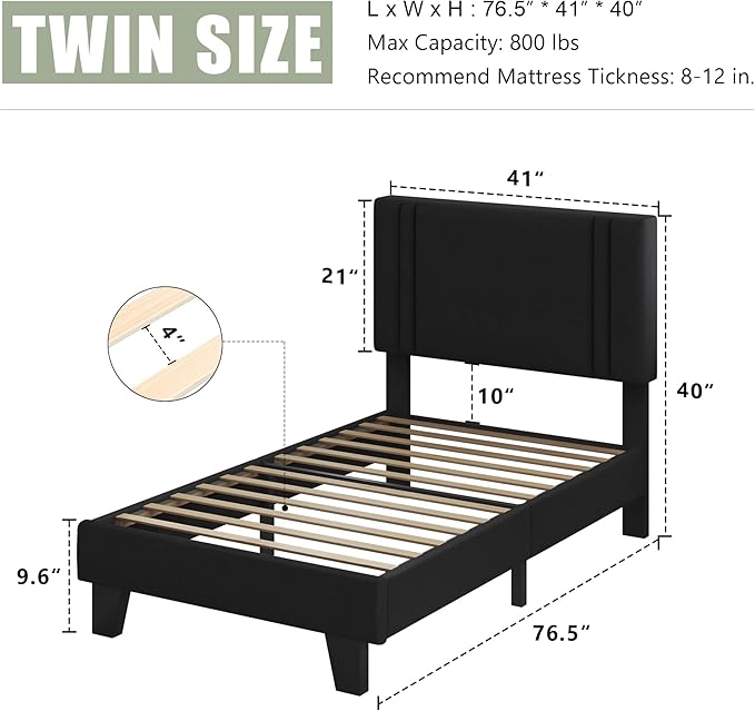 Feonase Twin Platform Bed Frame, Velvet Upholstered Twin Bed Frame, Solid Wood Slats & Heavy Duty Feet Support, No Box Spring Needed, Noise-Free, Easy Assembly, Black