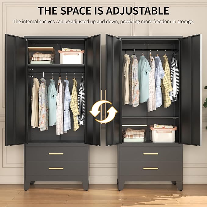 75.3" Tall Metal Wardrobe Closet - Large Clothing Storage Cabinet with 1 Hanging Rod, 1 Adjustable Shelve, 2 Drawers & 2 Doors - Closet Organizer for Bedroom, Office, Laundry Room, Garage - Black