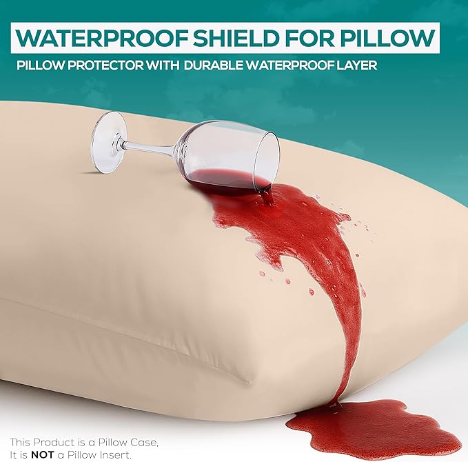 Utopia Bedding Premium 100% Waterproof Pillow Protectors with Zipper Queen Size (Set of 2), Bed Bug and Dust Mite Proof Zippered Pillow Covers, Pillow Encasement Cases, Beige
