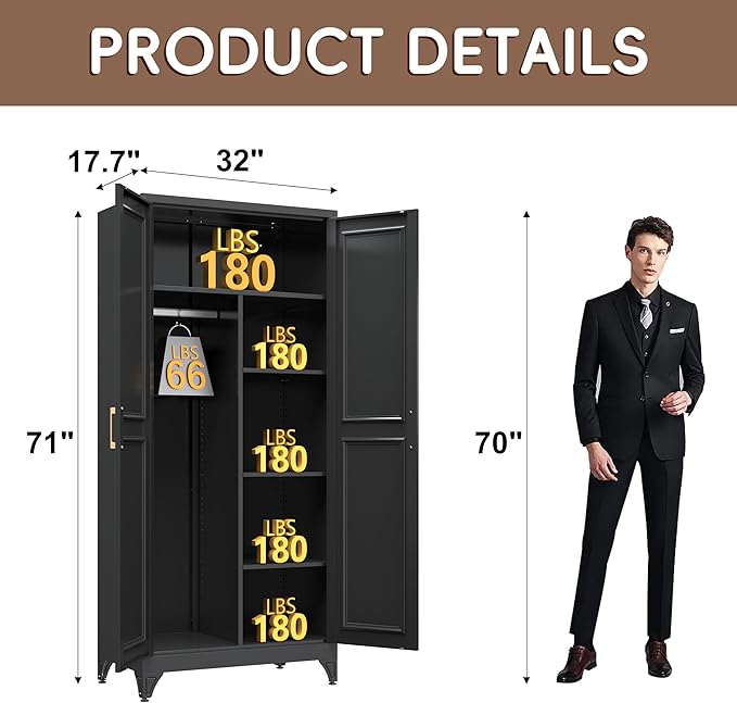 SteeLoong Metal Wardrobe Closet,71" H Wardrobe Cabinet with 2 Doors,Black Clothing Storage Cabinets with Hanging Rod and 3 Adjustable Shelves,Armoire Wardrobe Closet for Home Office,School,Gym