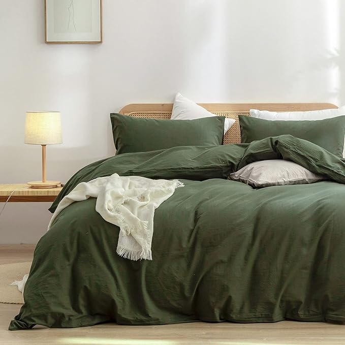 BESTOUCH Duvet Cover Set 100% Washed Cotton Linen Feel Super Soft Comfortable Chic Lightweight 3 PCs Home Bedding Set Solid Olive Green Full/Double