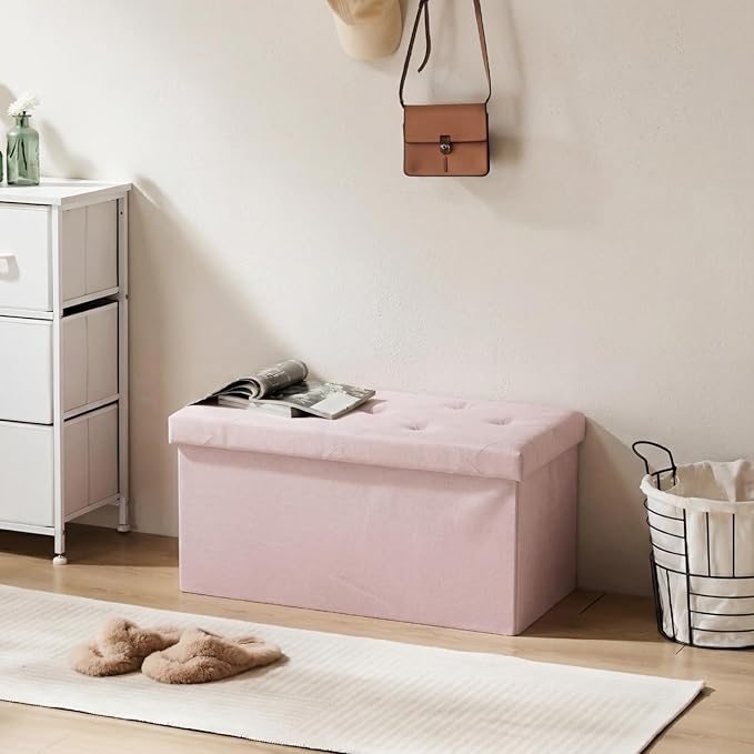 DUMOS Storage Ottoman Bench, 30in Storage Bench Foot Rest Stool with Padded Seat, Large End of Bed Bench for Bedroom, Living Room, Entryway, Support 660lbs, Pink