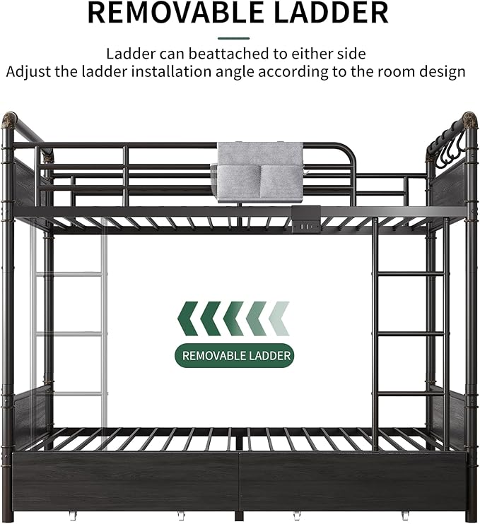 Jocoevol Metal LED Bunk Bed Twin Over Twin with 2 Storage Drawers, USB Charging Station, Industrial Bunkbeds Heavy Duty Bed with Safety Guardrail and Ladder, No Box Spring Needed, Black