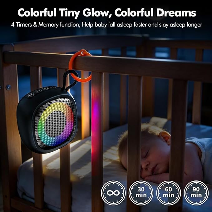 Portable Sound Machine for Baby & Adult, Powerful Speaker 25 Sounds 28 Volumes, White Noise Machine with Memory & Timer, Flexible Clip, Color Light, Sleep Sound Therapy for Home, Travel, Registry Gift