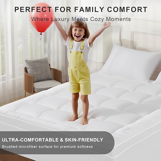 2~3In Mattress Topper Queen Size Breathable Filled Soft Fluffy Supportive for Back Pain Relief, Bed Mattress Pad Pillow Topper with Extra Thick Padded Protector for 8"-21" Deep Pocket
