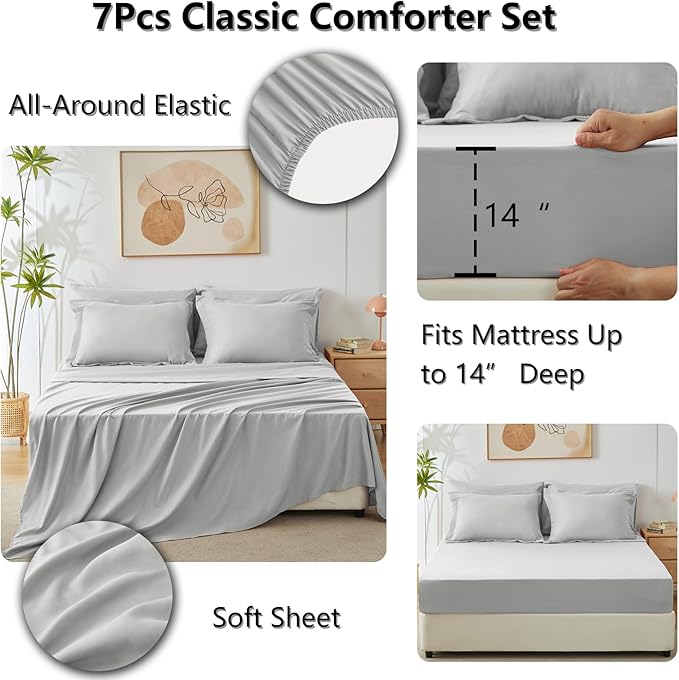 CozyLux Oversized King Comforter Set Light Grey, 7 Pieces Bed in a Bag Comforter Set with Sheets, All Season Bedding Set with Down Alternative Comforter, Sheets, Pillowcases & Shams