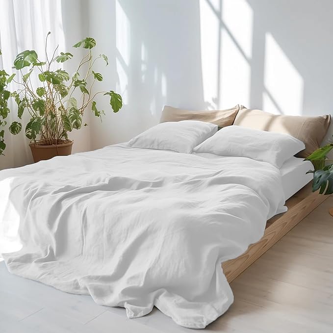 CHUFFED Linen Pillow Cases 2 Pack 100% Linen Standard Pillowcases, Breathable and Cooling Washed Queen Pillow Shams with Zipper Closure, 20x30 Inches,White