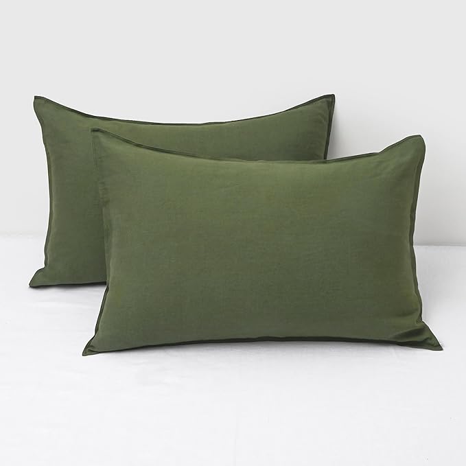 CHUFFED Linen Pillowcases 2 Pack 100% Linen Standard Pillow Cases, Breathable and Cooling Washed Pillowshams with Zipper Closure, 20x26 Inches,Mossy Green