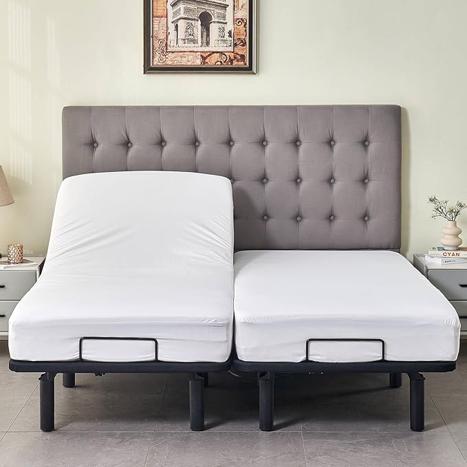 Kingnex Waterproof Split California King Mattress Protector for Adjustable Bed 2 Cali Twin XL Fitted Sheet Style Mattress Cover with Enhanced Elastic Skirt White