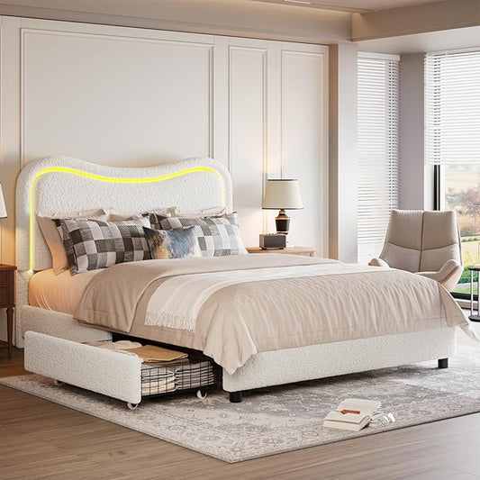 GarveeHome LED Queen Bed Frame with 2 Drawers and Headboard, Cute Upholstered Bed with Storage, Sturdy Platform Bed, No Box Spring Needed, Wooden Slats, Noise Free, White