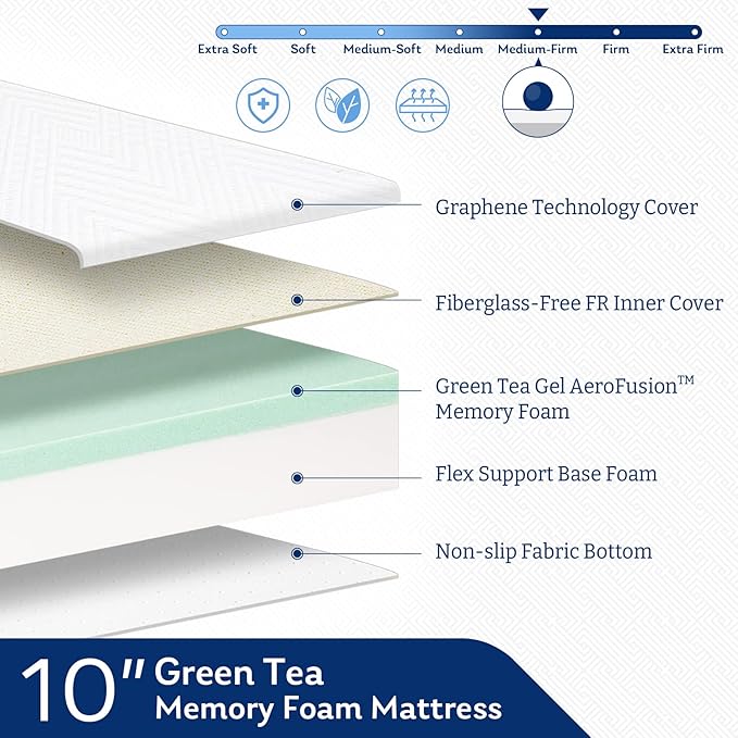 MLILY Twin XL Mattress in a Box, 10 inch Bed Mattresses, Cooling Gel Green Tea Memory Foam, Medium Firm
