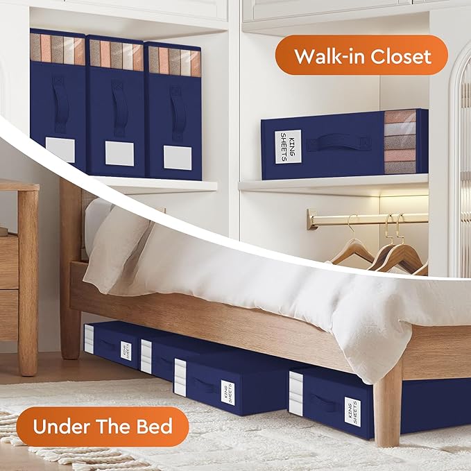 StorageTastic 6 Pack Bed Sheet Closet Organizers and Storage,Sturdy Foldable Storage Containers with Window and Label,Storage and Organization for Bedding Sheets,Duvet Covers,Blankets (Blue)