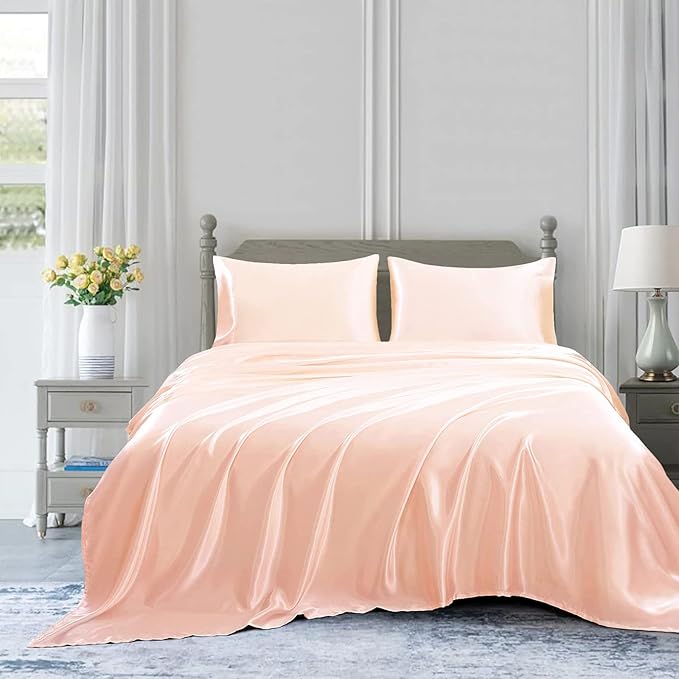 Homiest 3pcs Satin Sheets Set Luxury Silky Satin Bedding Set with Deep Pocket, 1 Fitted Sheet + 1 Flat Sheet + 1 Pillowcases (Twin Size, Champagne)
